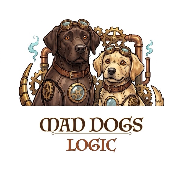 Mad Dogs Logic™ key art: steampunk labrador characters in a laboratory setting